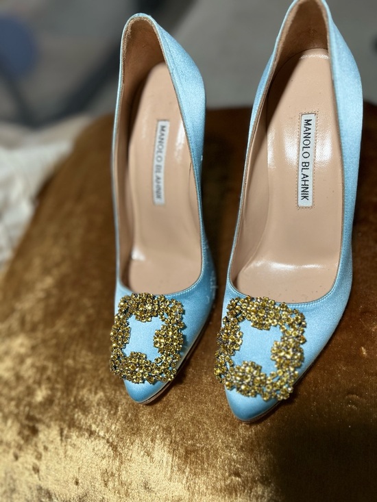 Manolo Blahnik Shoes - Manolo Blahnik Light Blue Satin Pumps with Gold Crystal Buckle